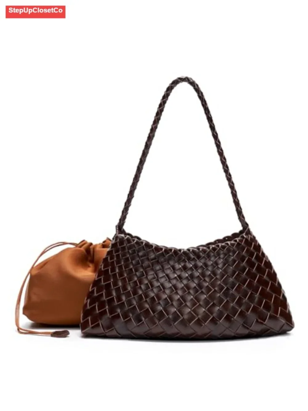Vegan Leather Woven Hobo Shoulder Bag with Drawstring Pouch, Braided Strap